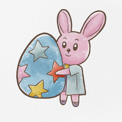 Pink Rabbit Girl and Blue Easter Egg on white watercolor paper texture. Illustration digital paint.