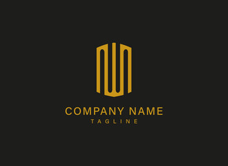 Initial Letter N and W Linked Logo. Gold Geometric Shape Pillar or Fork Icon with Letter W NWN NW. Flat Design Vector Icon Template Element