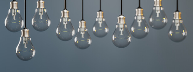 Light bulbs against on grey background. Start up business concept. start idea concept in glowing light bulb. vintage style object. think different concept. 3D render, 3D illustration.