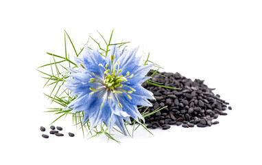 Black cumin seed with nigella sativa flowers