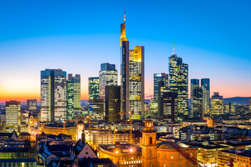 Frankfurt am Main skyline at night, Hesse, Germany - obrazy, fototapety, plakaty