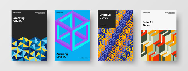 Fototapeta premium Vivid mosaic tiles annual report illustration bundle. Trendy booklet design vector template composition.