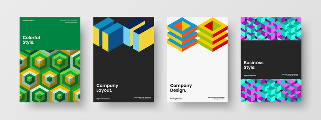 Fototapeta premium Creative journal cover vector design concept composition. Vivid geometric tiles company brochure template bundle.