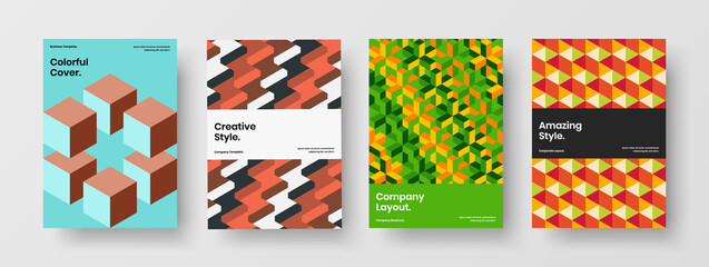 Unique annual report A4 vector design layout collection. Colorful geometric shapes corporate cover concept set.