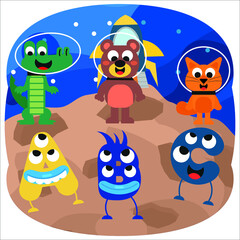 Cute animals in space and creature letters