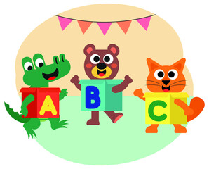 Cute animals having fun inside abc letter boxes