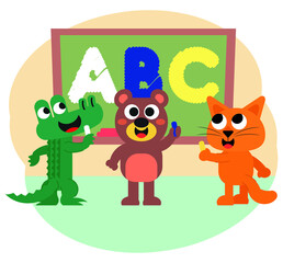 Cute animals and colorful letters on the school board