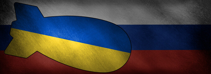 The Russian flag with an outline of an aerial bomb in the national colors of the Ukraine, symbolic of the Russian attack on Ukraine