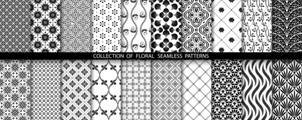 Geometric floral set of seamless patterns. White and black vector backgrounds. Simple illustrations