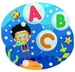 Cute diver boy and cute bubble letters in the sea