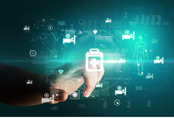 Doctor hand pressing futuristic health device with medical symbol on screen
