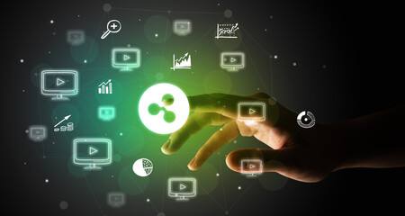 Businessman finger touching on screen multimedia interface with hand drawn currency icons