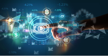 Business person hand pushing currency symbol on multimedia touch screen