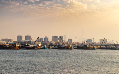Fototapeta premium View of a an old part of Dubai city, Dubai creek. City