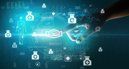 Doctor hand pressing futuristic health device with medical symbol on screen