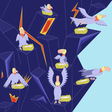 An outline jpeg illustration of birds near the nests in blue rocks. Designed in blue colors for web concepts, templates, prints.