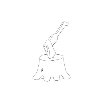 An outline vector illustration of an ax into the stump isolated on transparent background. Designed in black and white colors for web concepts, templates, prints.