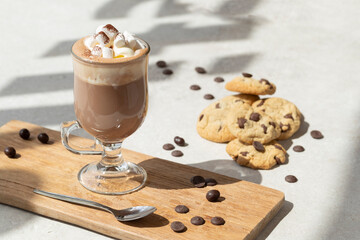 chocolate milk and chocolate chip cookies on a bright sunny stone surface