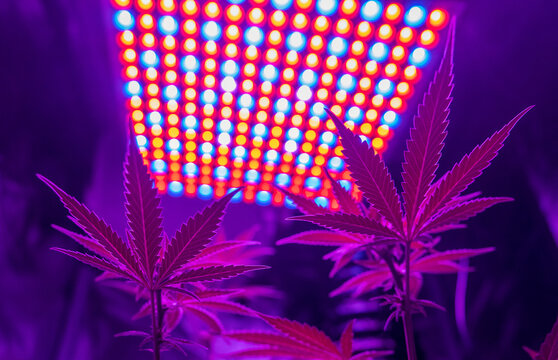 A Marajuana plant growing under artificial LED gow lights.