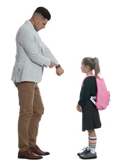 Teacher pointing on wrist watch while scolding pupil for being late against white background