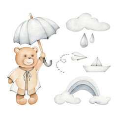 Bear with umbrella.Rain weather