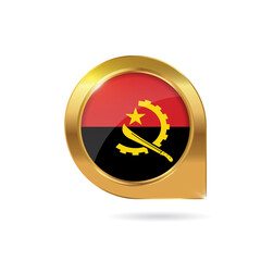 Flag of Angola, location map pin, pointer flag, button with the reflection of light and shadow, gold frame, Icon country. Realistic vector illustration on white background