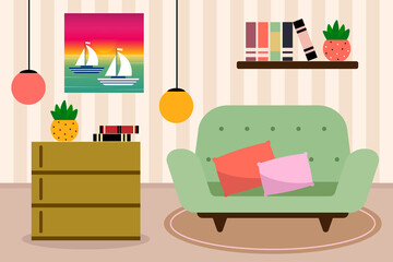 Interior design of a living room with a sofa, a picture, lamps, a bookshelf, with elements of comfort. Vector illustration.