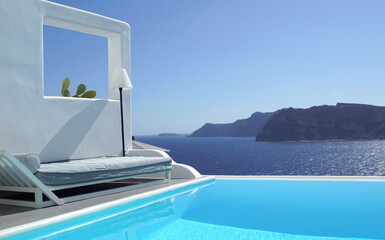 Viiew from a stylish pool terrace at Oia, Santorini, September 2021