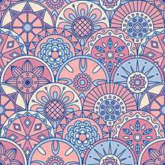 Seamless pattern with abstract flowers and geometric shapes.