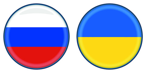 Round Russia and Ukraine Flag buttons. Button in shape of Russian flag and Ukrainian flag. vector illustration