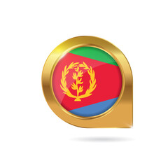 Flag of Eritrea, location map pin, pointer flag, button with the reflection of light and shadow, gold frame, Icon country. Realistic vector illustration on white background