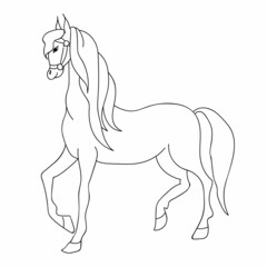 A horse drawn with a black line, contour. On a white background. Contour drawing for colorings.