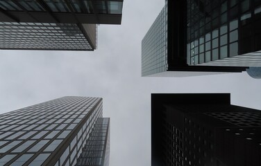 Perspektive der Frankfurter Skyline von unten  - obrazy, fototapety, plakaty
