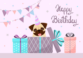A greeting card with a pug. Happy Birthday. Cartoon design.
