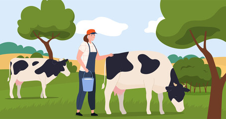 Woman agricultural worker cow milking with bucket full of milk vector flat illustration