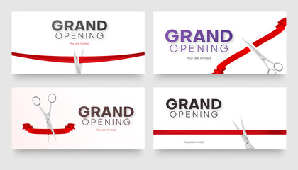 Grand opening banner realistic design with red ribbon cutting by scissors place for text set vector