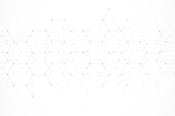 Hexagons pattern on gray background. Genetic research, molecular structure. Chemical engineering. Concept of innovation technology. Used for design healthcare, science and medicine background