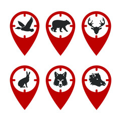 For a hunter, a mark on the map in the form of an optical sight with a silhouette of a duck, bear, wolf, hare, deer, boar. GPS tag, places for hunting wild animals. Vector icon set.