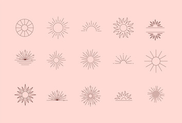 Bohemian sun outline logos collection. Sunny frame. Sunset and sunrise item. Minimal emblems set. Vector illustration