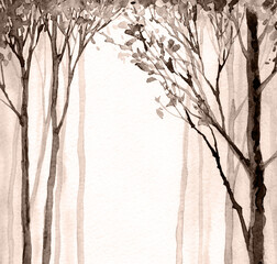 Trees in the winter forest. Watercolor landscape