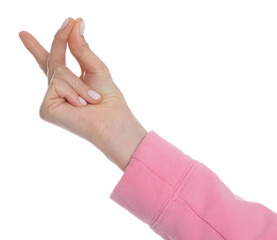 Woman snapping fingers on white background, closeup of hand