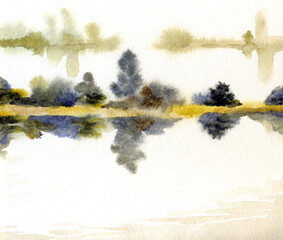 Watercolor landscape. Autumn on the lake