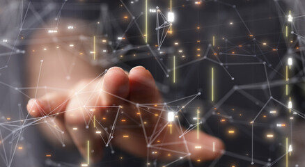Abstract network of physical devices on the Internet using a network connection with statistics numbers 3d illustration