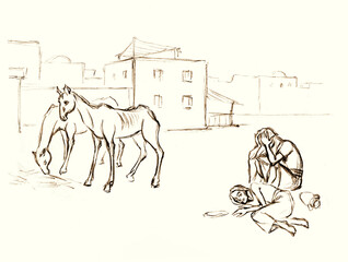 Dying of hunger. Pencil drawing