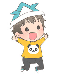 兜の折り紙をかぶった男の子のイラスト