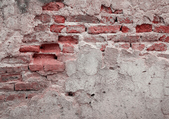 red brick block wall texture old background ancient weathered brick wall with cracks and destroyed stucco layer with copy space
