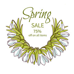 Spring sale banner with spring flowers, sale flyer, snowdrop tulips crocuses, apple tree flowers, flower bouquet, colorful illustration, promotional offer spring sale postcard with flowers and leaves.