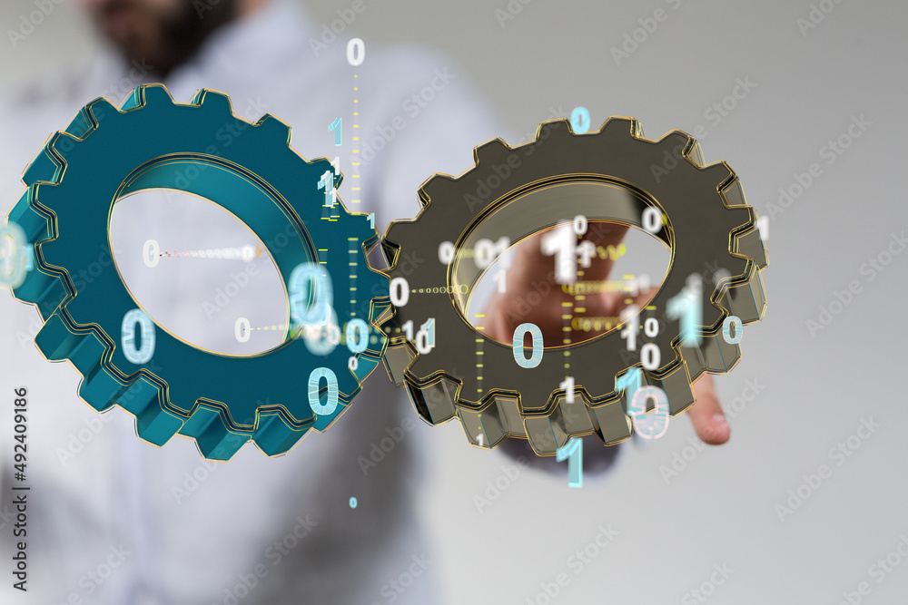Poster Man draws gears on virtual screen. Blurred Abstract engine room..