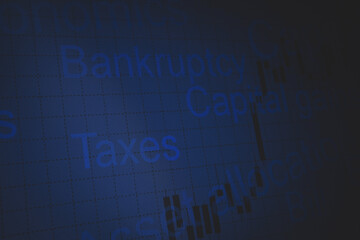 Blue financial background with business development, currency fluctuations and stock market chart