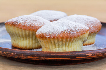 Freshly baked appetizing cupcakes on a plate sprinkled with powdered sugar